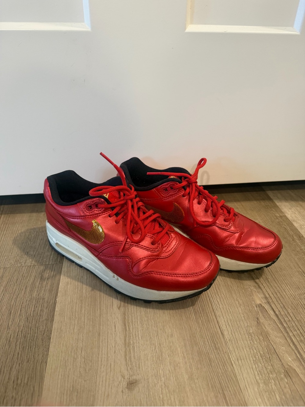Nike Air Max 1 Gold Sequin Red Sneakers with Gold Swoosh women’s Size 6.5